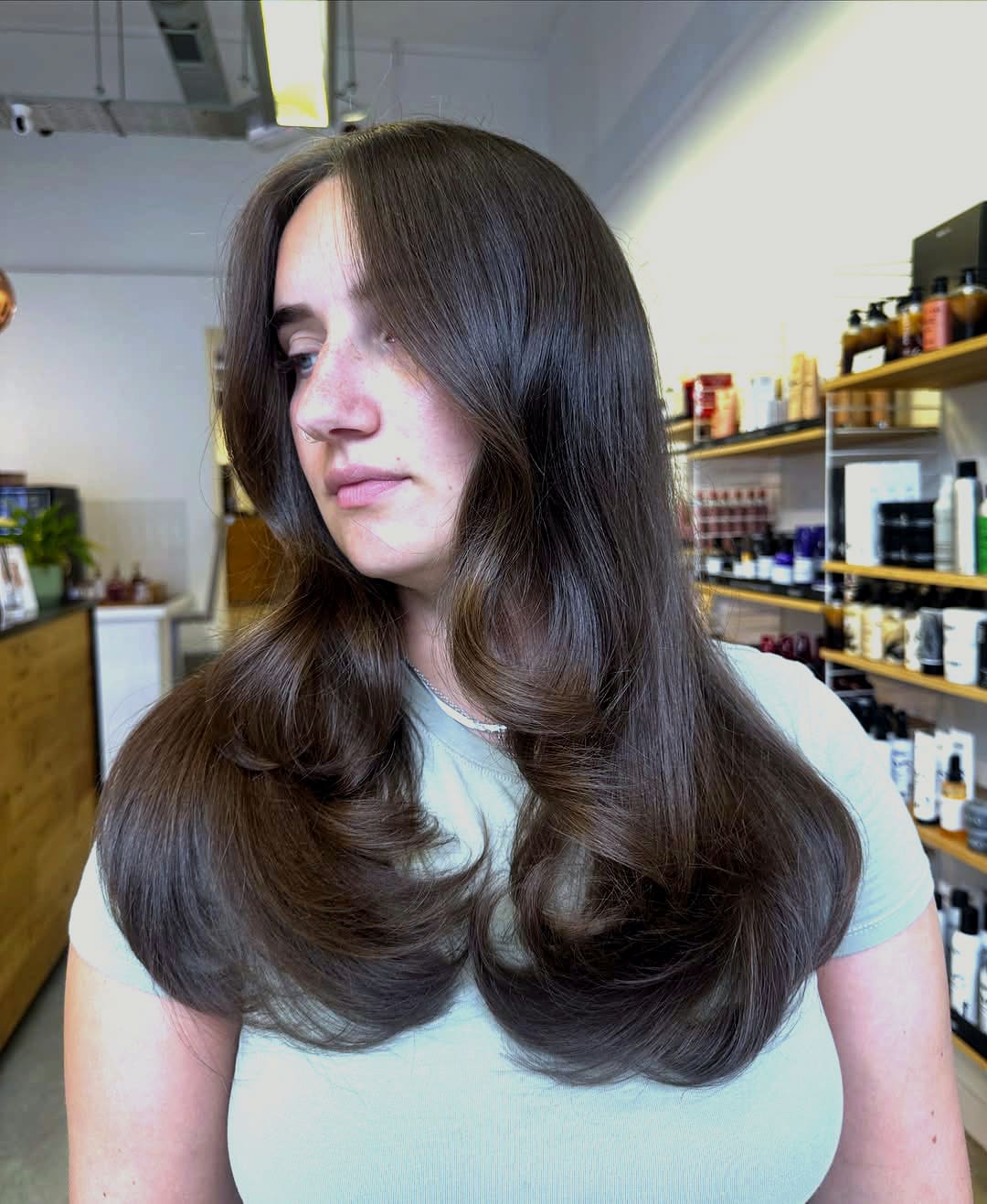Chocolate-brunette gloss blowout with big bouncy layers.